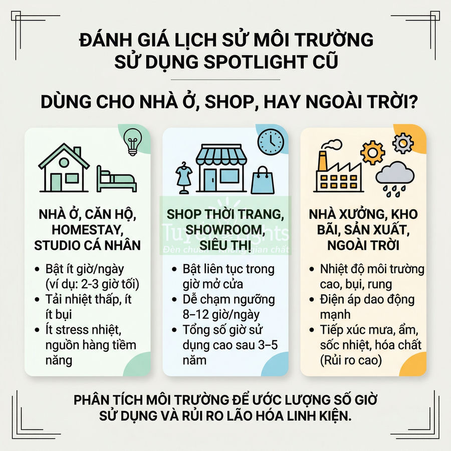 Infographic đánh giá môi trường sử dụng spotlight cũ cho nhà ở, shop thời trang và nhà xưởng ngoài trời