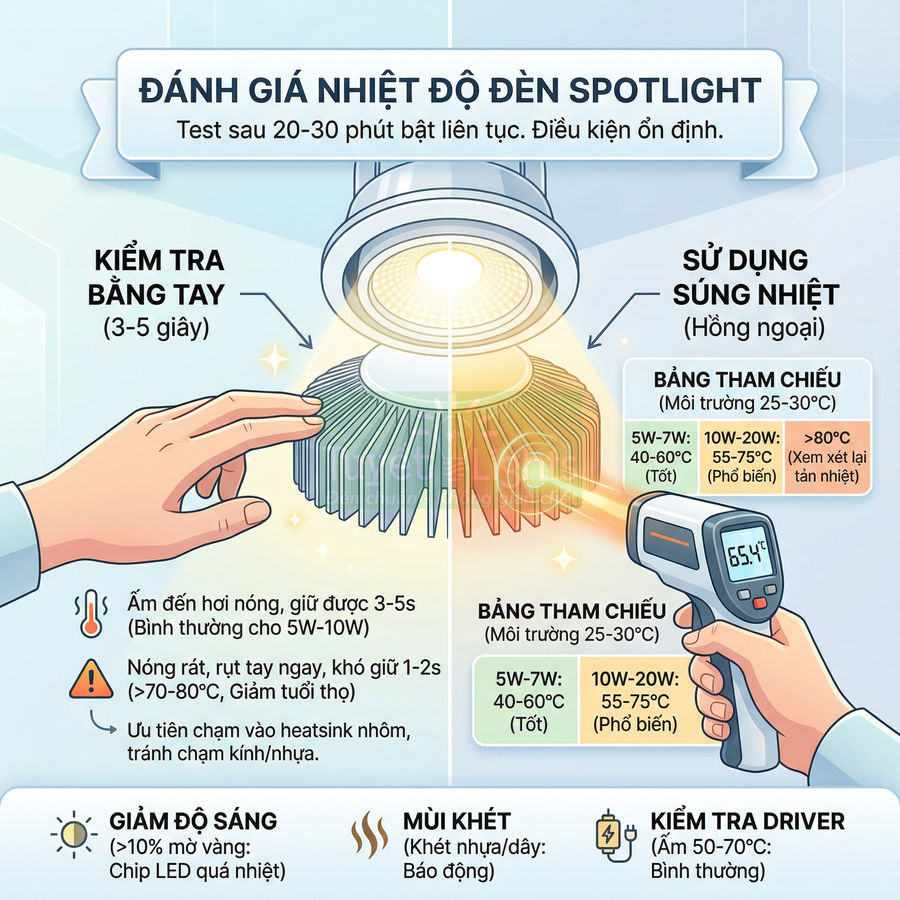 Hướng dẫn kiểm tra nhiệt độ đèn LED spotlight bằng tay và súng nhiệt hồng ngoại trên bộ tản nhiệt nhôm