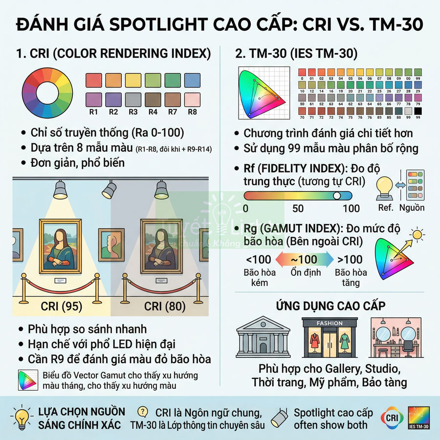 Infographic so sánh chỉ số CRI và TM-30 cho spotlight cao cấp, minh họa chất lượng chiếu sáng tranh và ứng dụng gallery
