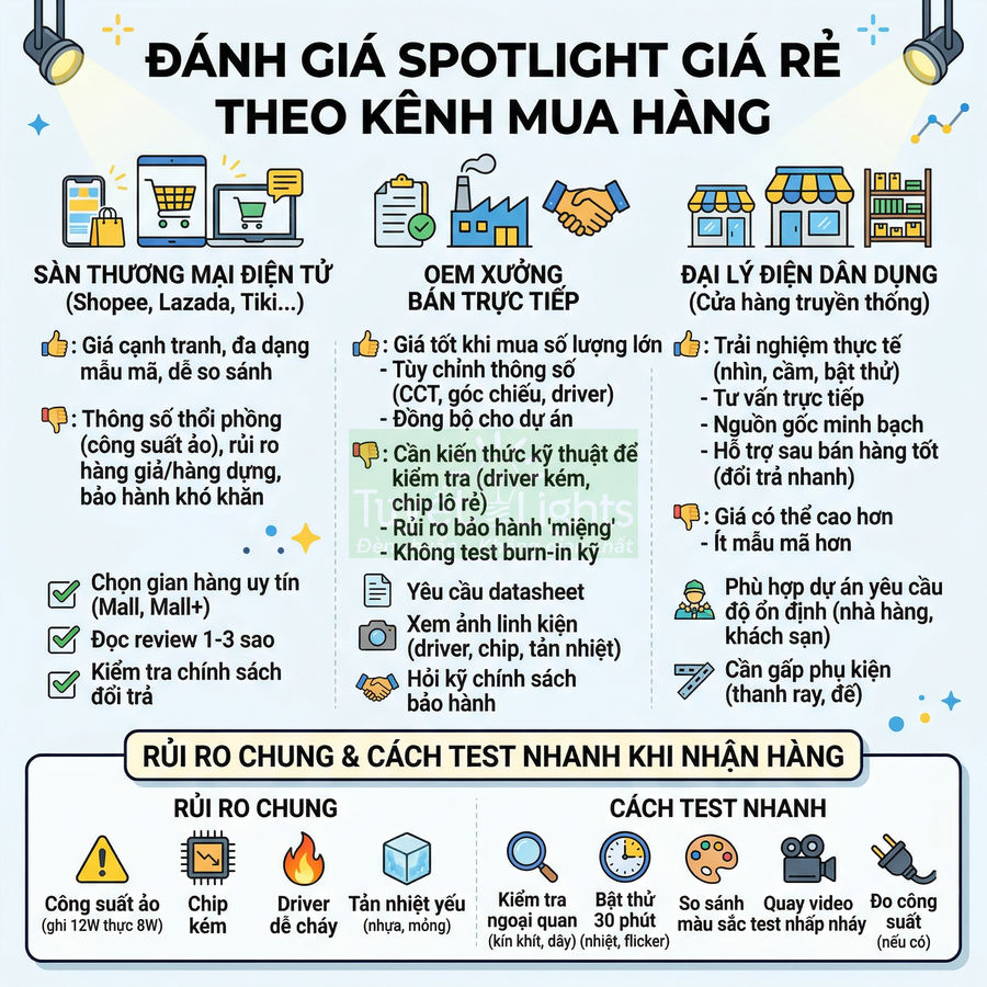 Infographic đánh giá ưu nhược điểm mua đèn spotlight giá rẻ qua sàn thương mại điện tử, OEM và đại lý điện dân dụng