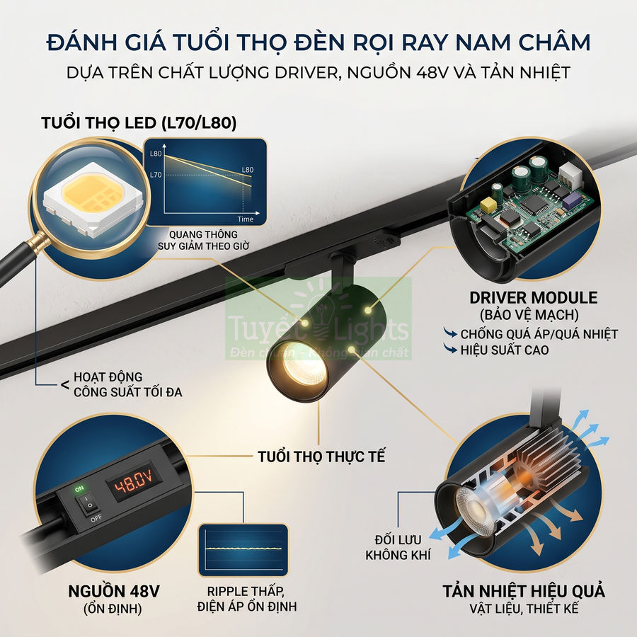 Đèn rọi ray nam châm LED Tuyết Lights nguồn 48V, driver module và tản nhiệt nhôm tăng tuổi thọ chiếu sáng