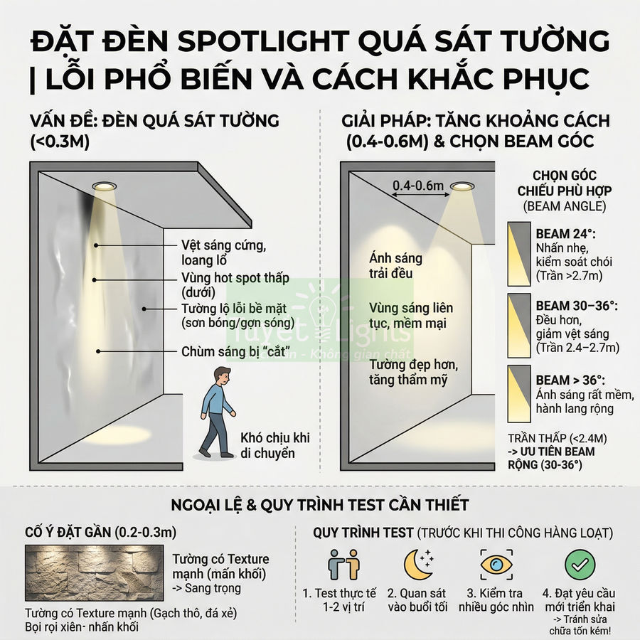 Hướng dẫn lắp đặt đèn spotlight âm trần tránh đặt quá sát tường và chọn góc chiếu phù hợp