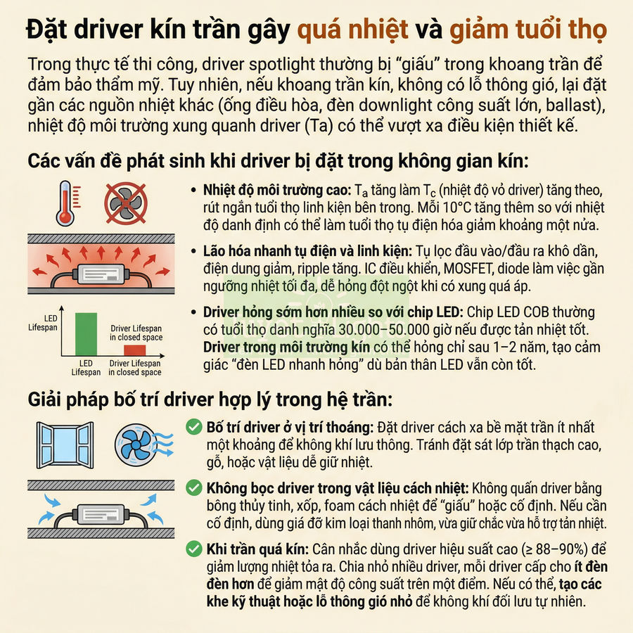 Hướng dẫn bố trí driver đèn LED trong trần để tránh quá nhiệt, tăng tuổi thọ và hạn chế hỏng hóc