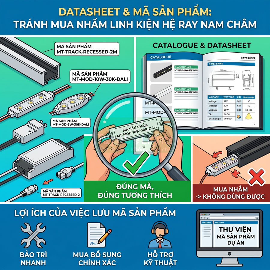 Hướng dẫn đọc datasheet và mã sản phẩm cho linh kiện hệ ray nam châm, tránh mua nhầm và chọn đúng phụ kiện chiếu sáng