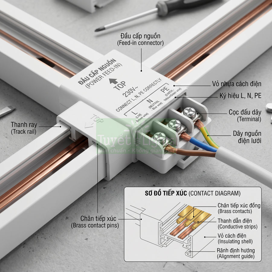 Đầu cấp nguồn ray điện 1 pha 230V với dây nguồn điện lưới và sơ đồ tiếp xúc chi tiết