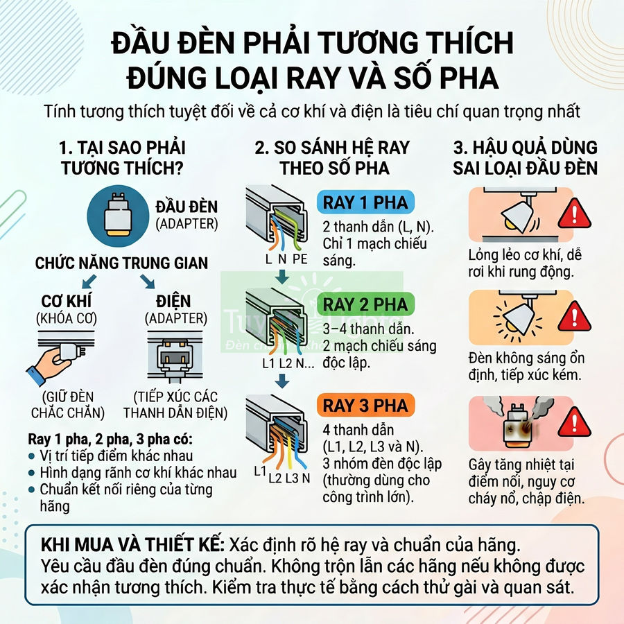 Hướng dẫn chọn đầu đèn ray đúng loại ray 1 pha, 2 pha, 3 pha và cảnh báo hậu quả dùng sai đầu đèn