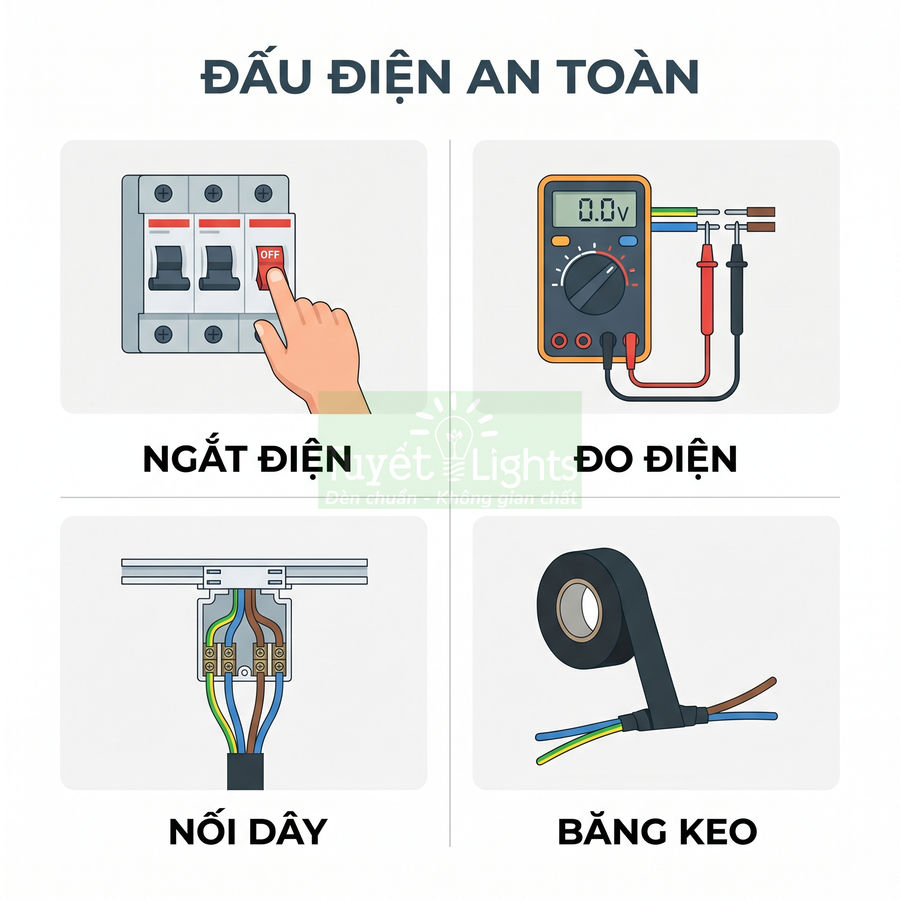 Hướng dẫn đấu điện an toàn với cầu dao, đồng hồ đo điện, nối dây và quấn băng keo cách điện