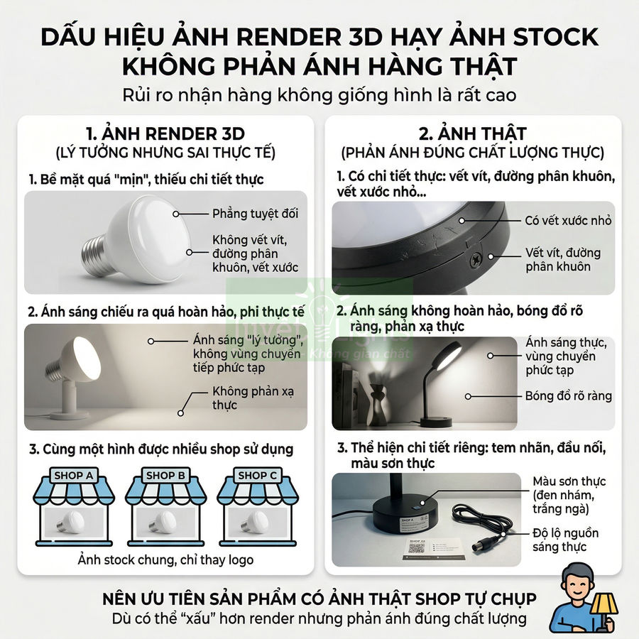 So sánh ảnh render 3D và ảnh thật của đèn bàn, bóng đèn để nhận biết sản phẩm chụp thực tế