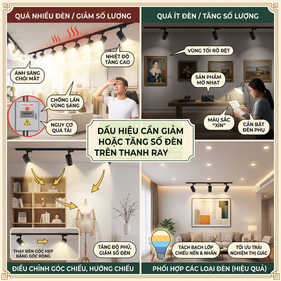 Hệ thống đèn rọi ray điều chỉnh số lượng và góc chiếu để tối ưu ánh sáng cho không gian trưng bày và phòng khách