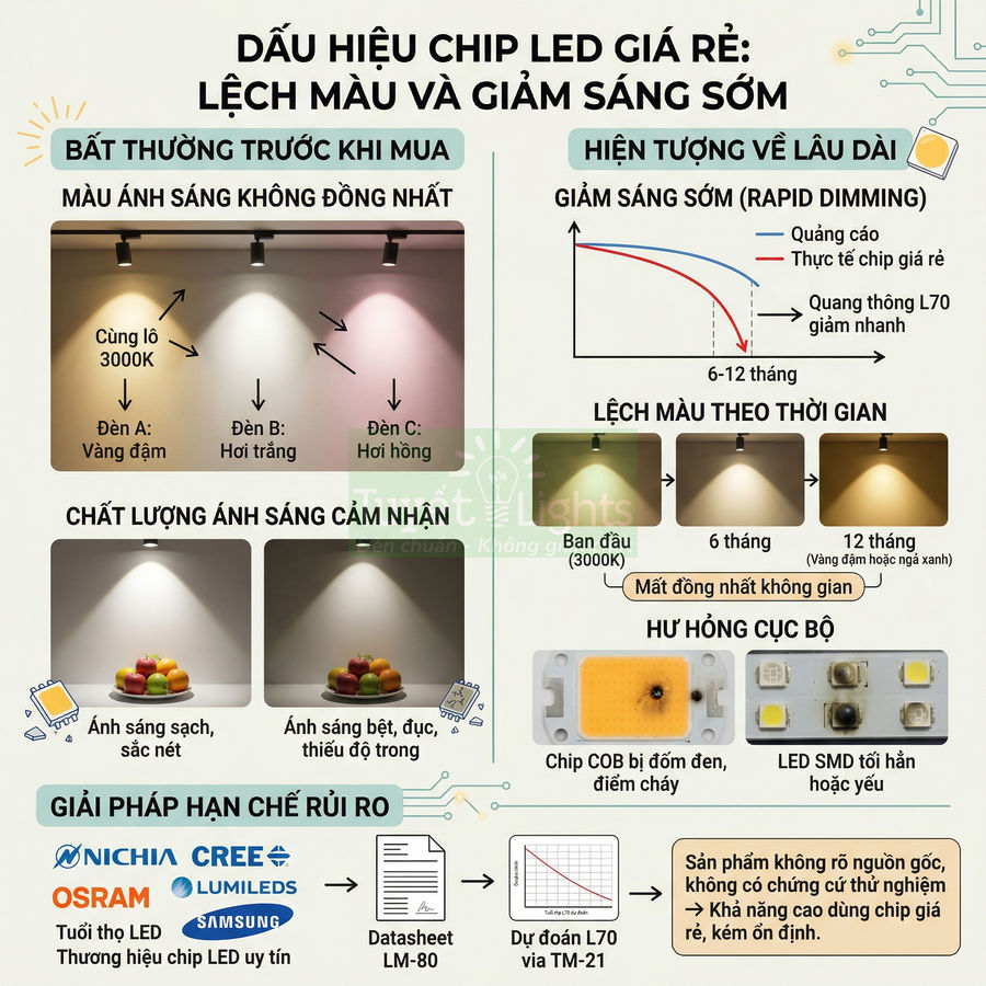 Infographic dấu hiệu chip LED giá rẻ với hình ảnh so sánh độ sáng, lệch màu và gợi ý chọn chip LED thương hiệu uy tín