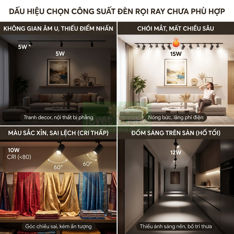 Ví dụ minh họa lỗi chọn công suất đèn rọi ray trong phòng khách, hành lang và khu trưng bày vải