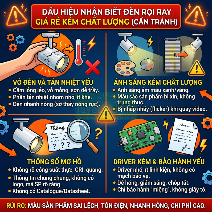 Infographic dấu hiệu nhận biết đèn rọi ray giá rẻ kém chất lượng và rủi ro khi sử dụng