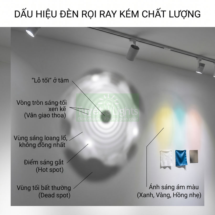 Minh họa dấu hiệu đèn rọi ray kém chất lượng với vùng sáng tối loang lổ trên tường
