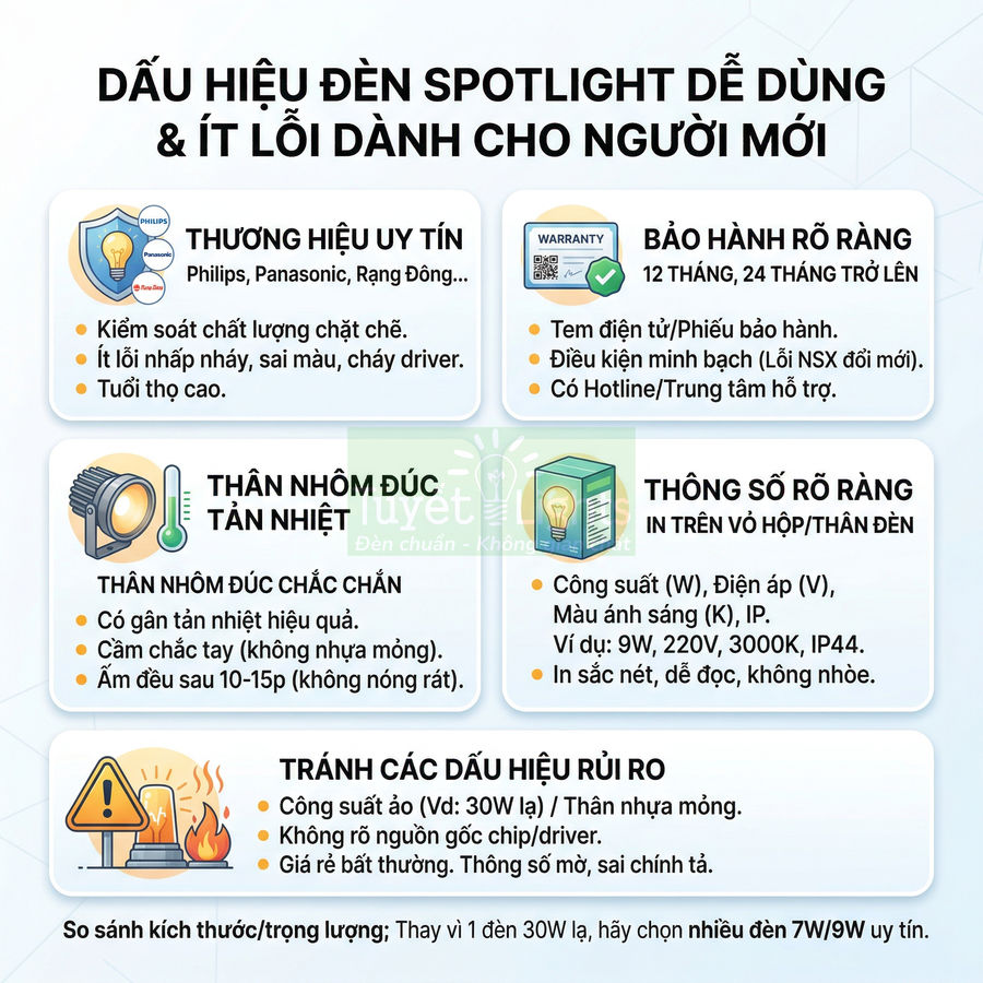 Infographic hướng dẫn chọn đèn spotlight chất lượng, nêu tiêu chí thương hiệu, bảo hành, thân nhôm tản nhiệt và thông số kỹ thuật