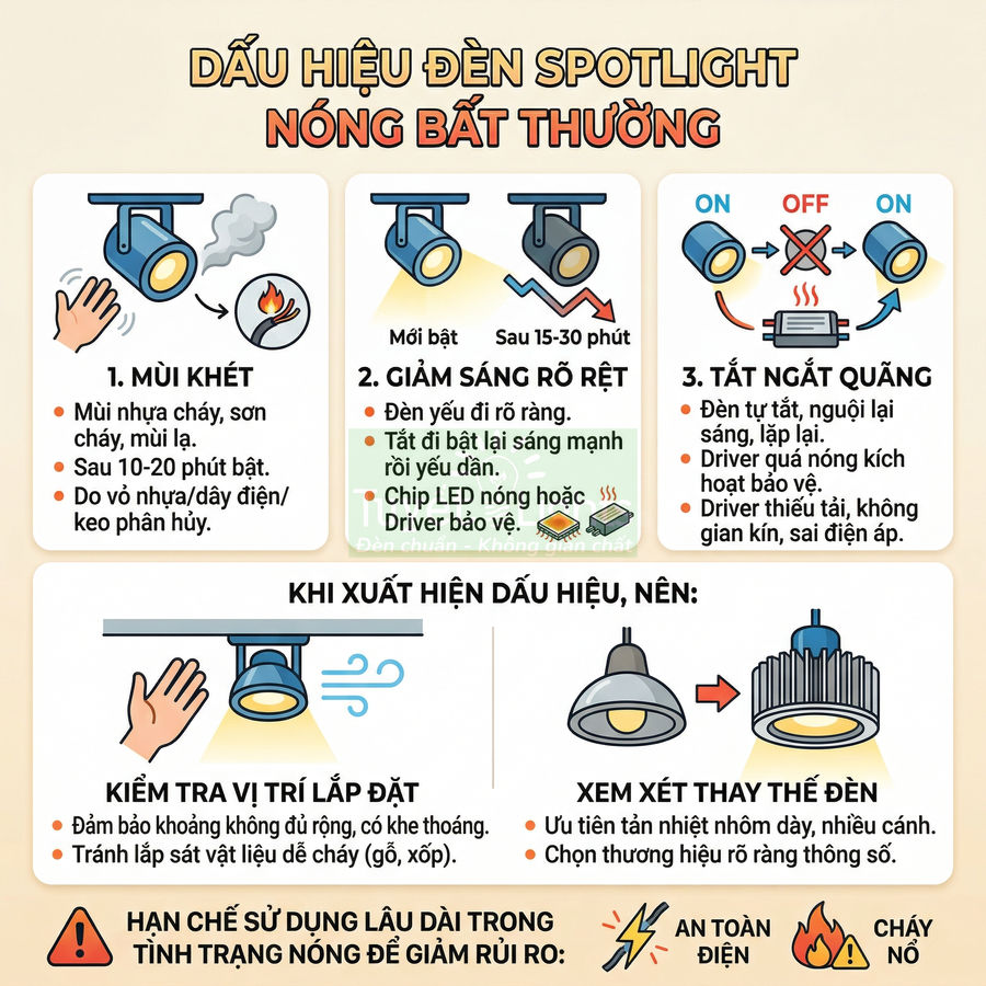 Infographic dấu hiệu đèn spotlight âm trần nóng bất thường và cách kiểm tra thay thế an toàn