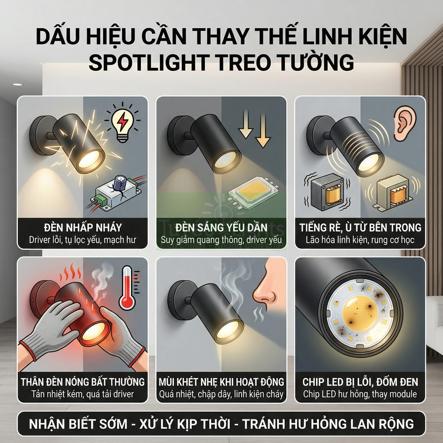 Các dấu hiệu cần thay linh kiện cho đèn spotlight treo tường như nhấp nháy, sáng yếu, nóng, mùi khét