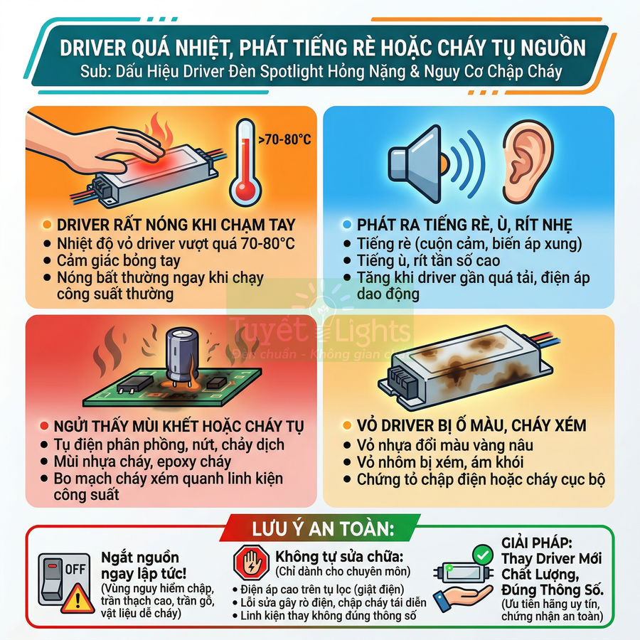 Infographic cảnh báo dấu hiệu driver đèn spotlight quá nhiệt, phát tiếng rè, cháy khét và hướng dẫn an toàn