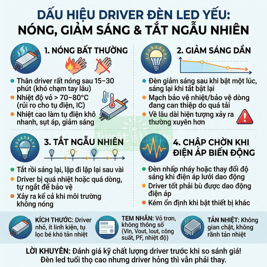 Infographic dấu hiệu driver đèn LED yếu với các lỗi nóng bất thường, giảm sáng, tắt ngẫu nhiên và chập chờn điện áp