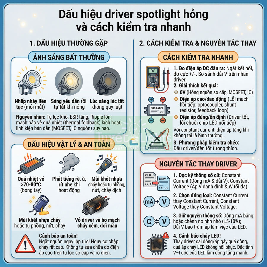 Infographic dấu hiệu driver spotlight LED hỏng, cách kiểm tra nhanh và nguyên tắc thay driver an toàn