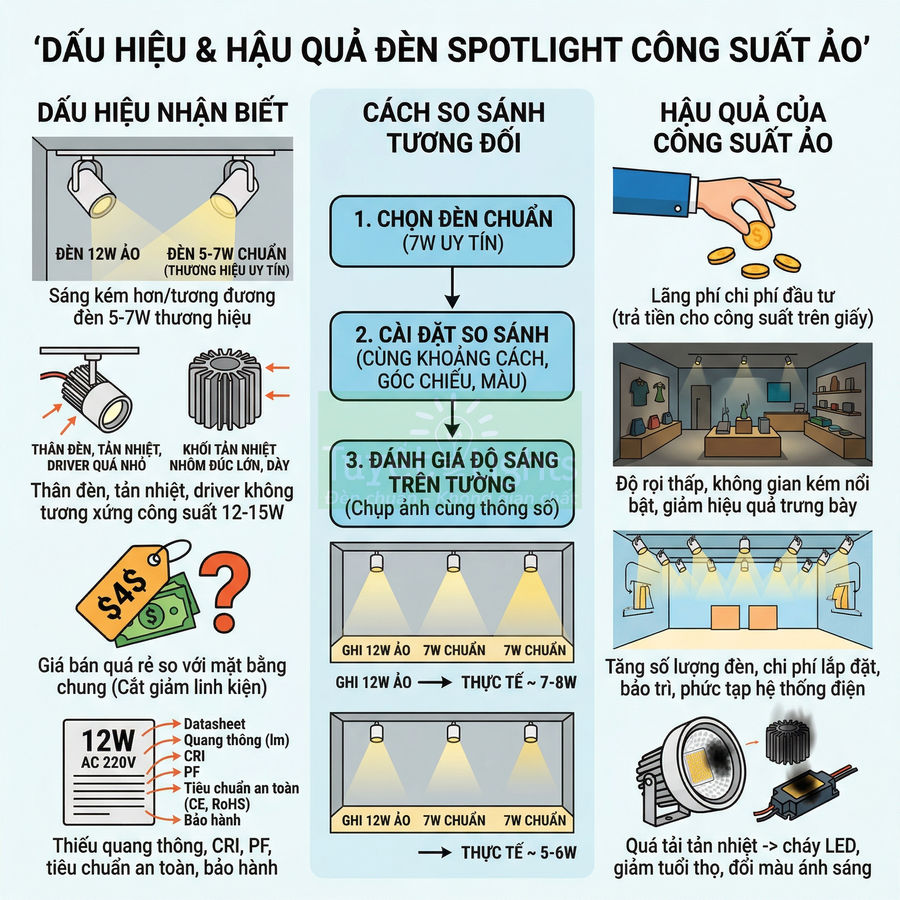 Infographic so sánh đèn spotlight công suất ảo và đèn chuẩn 7W, nêu dấu hiệu nhận biết và hậu quả khi dùng đèn kém chất lượng