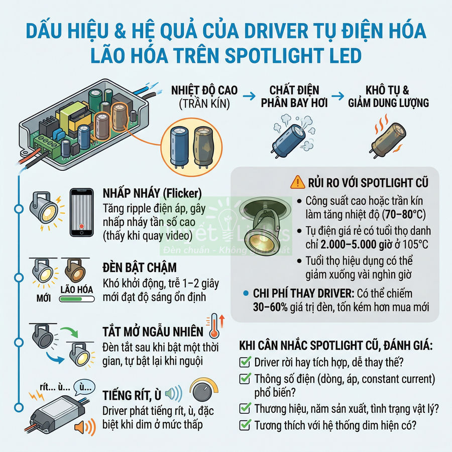 Infographic dấu hiệu driver tụ điện hóa lão hóa và rủi ro khi dùng spotlight LED cũ trong trần nhà