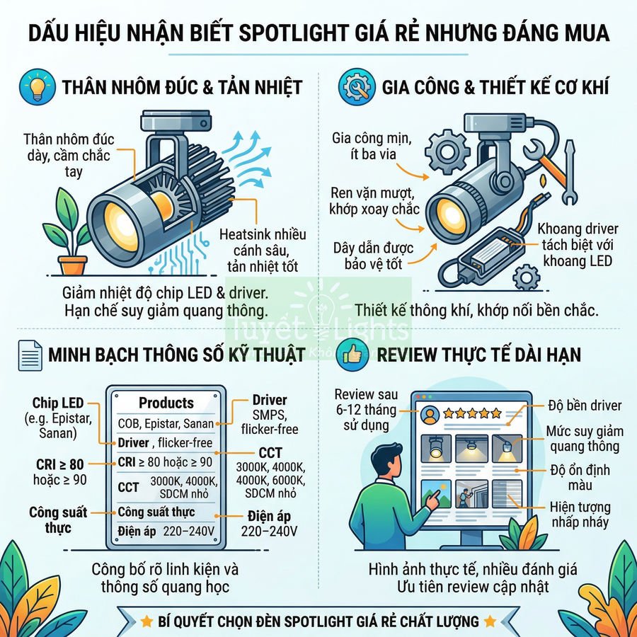 Infographic hướng dẫn chọn đèn spotlight giá rẻ chất lượng với thân nhôm tản nhiệt và driver bền