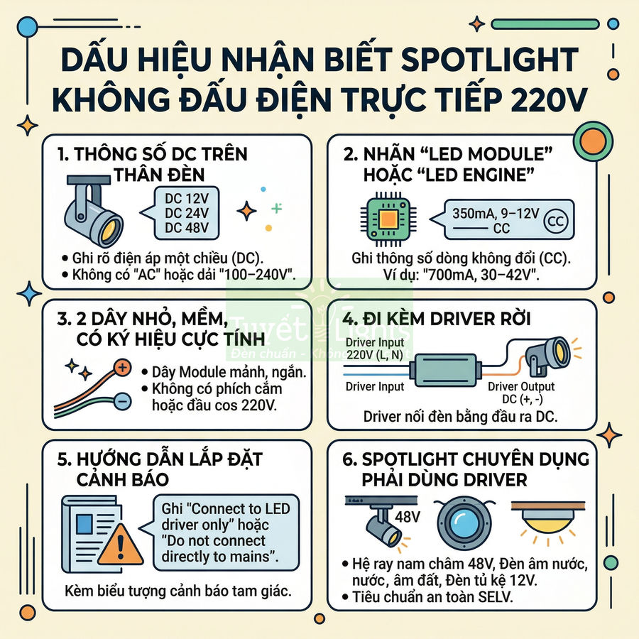 Infographic dấu hiệu nhận biết đèn spotlight LED không đấu điện trực tiếp 220V và hướng dẫn dùng driver an toàn