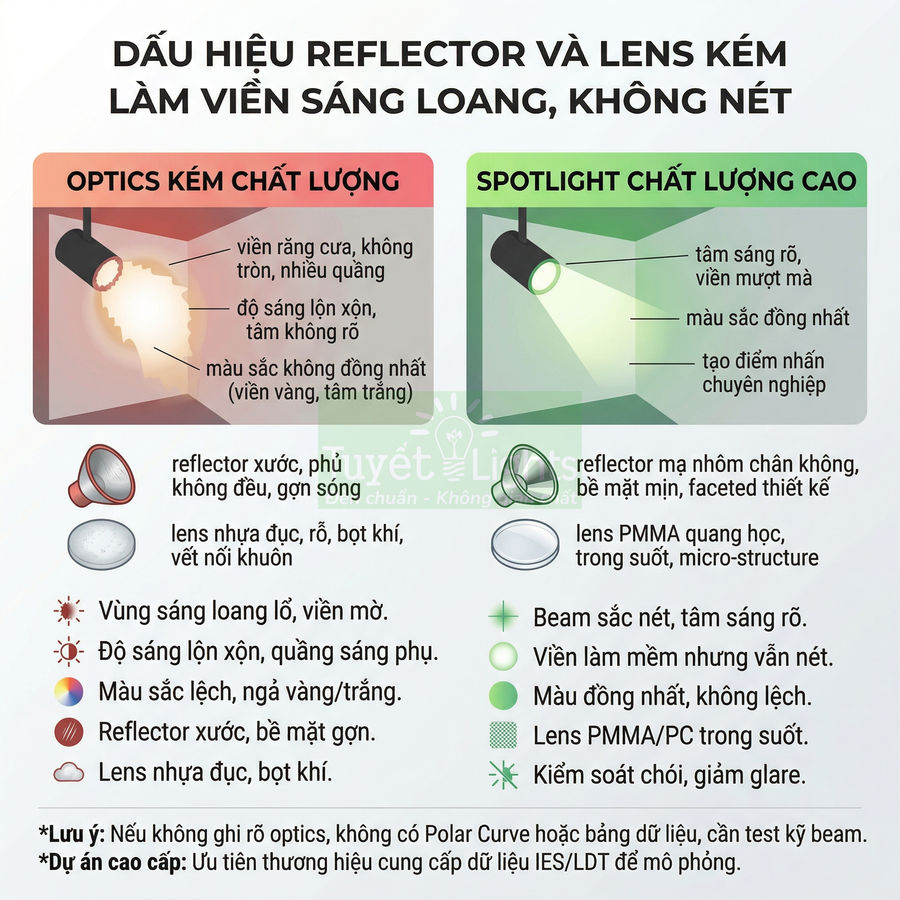 So sánh reflector và lens đèn spotlight kém chất lượng và chất lượng cao, minh họa vùng sáng và viền sáng
