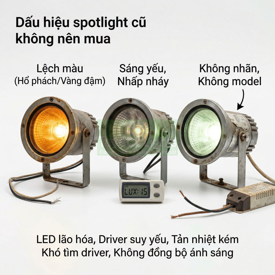 Ba đèn spotlight cũ bị gỉ sét, ánh sáng lệch màu và yếu, kèm đồng hồ đo độ sáng LUX 15
