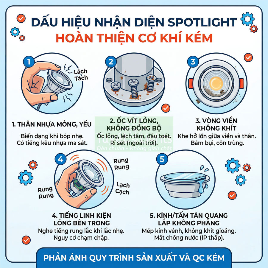 Infographic dấu hiệu nhận diện đèn LED spotlight hoàn thiện cơ khí kém và các lỗi thường gặp