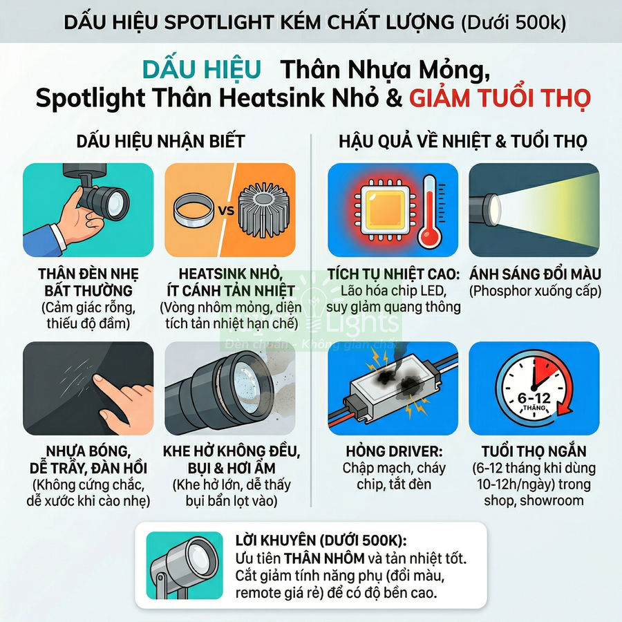 Infographic cảnh báo dấu hiệu spotlight thân nhựa mỏng, heatsink nhỏ kém chất lượng và hậu quả giảm tuổi thọ đèn
