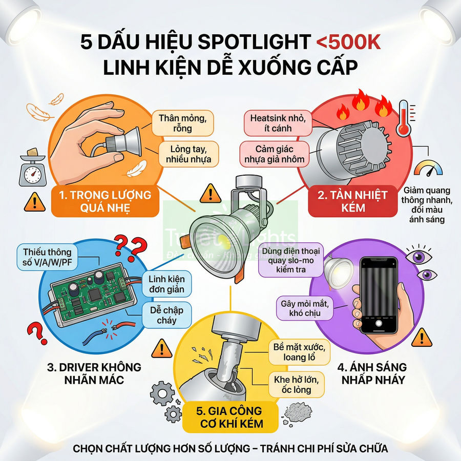 Infographic 5 dấu hiệu nhận biết đèn spotlight giá rẻ chất lượng kém và linh kiện dễ xuống cấp