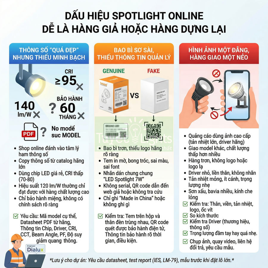 Infographic dấu hiệu nhận biết spotlight LED online dễ là hàng giả hoặc hàng dựng lại, so sánh thông số, bao bì và hình ảnh sản phẩm