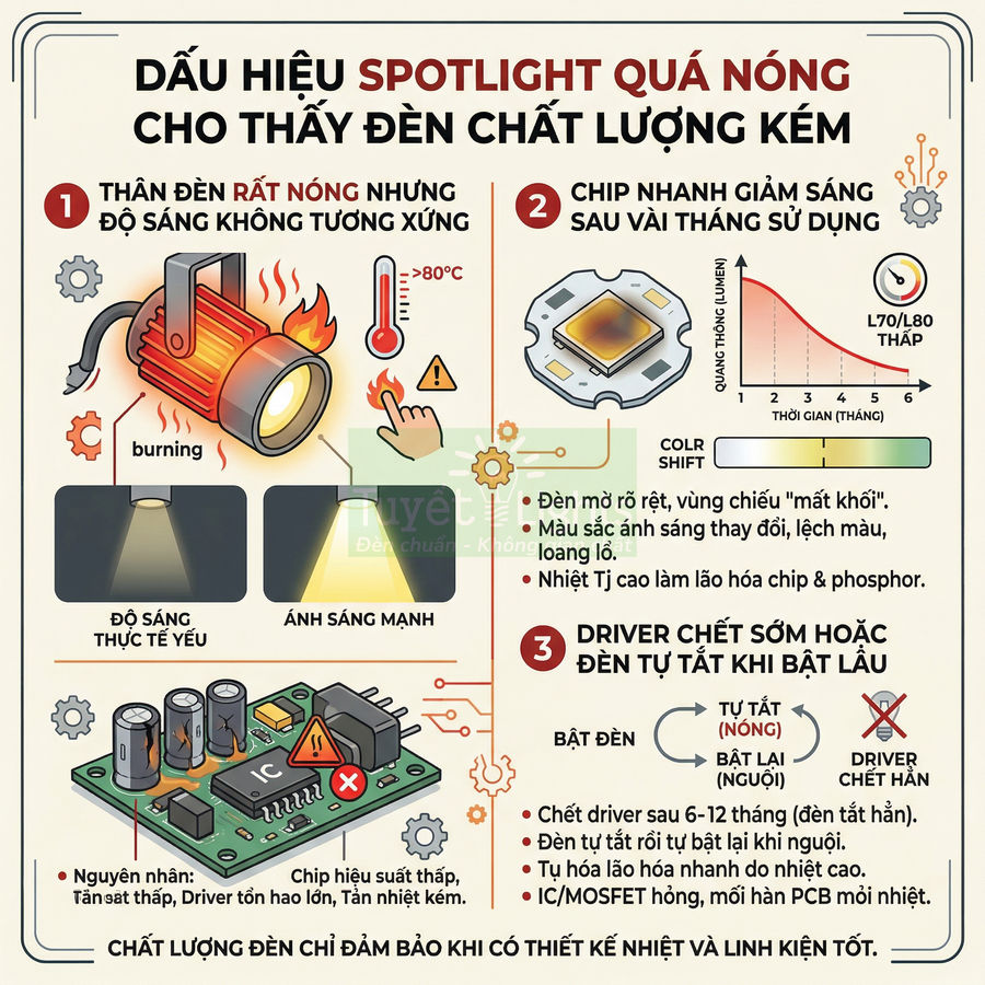 Infographic dấu hiệu đèn spotlight LED kém chất lượng như thân đèn quá nóng, chip nhanh giảm sáng, driver dễ hỏng