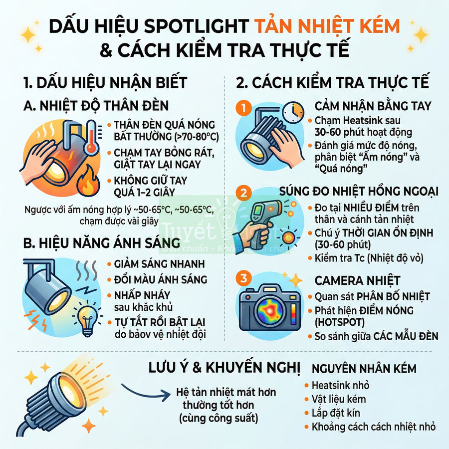 Infographic dấu hiệu spotlight tản nhiệt kém và cách kiểm tra thực tế bằng tay, súng đo nhiệt, camera nhiệt