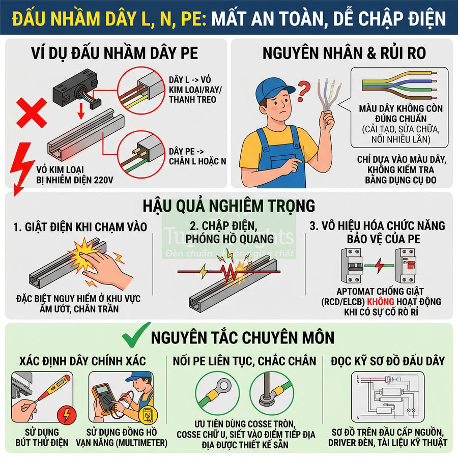Infographic cảnh báo nguy hiểm đấu nhầm dây L N PE và hướng dẫn nguyên tắc đấu dây điện an toàn