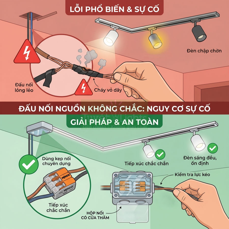 Minh họa so sánh đấu nối dây điện thủ công gây cháy chập với kẹp nối Wago trong hộp nối giúp đèn ray sáng ổn định