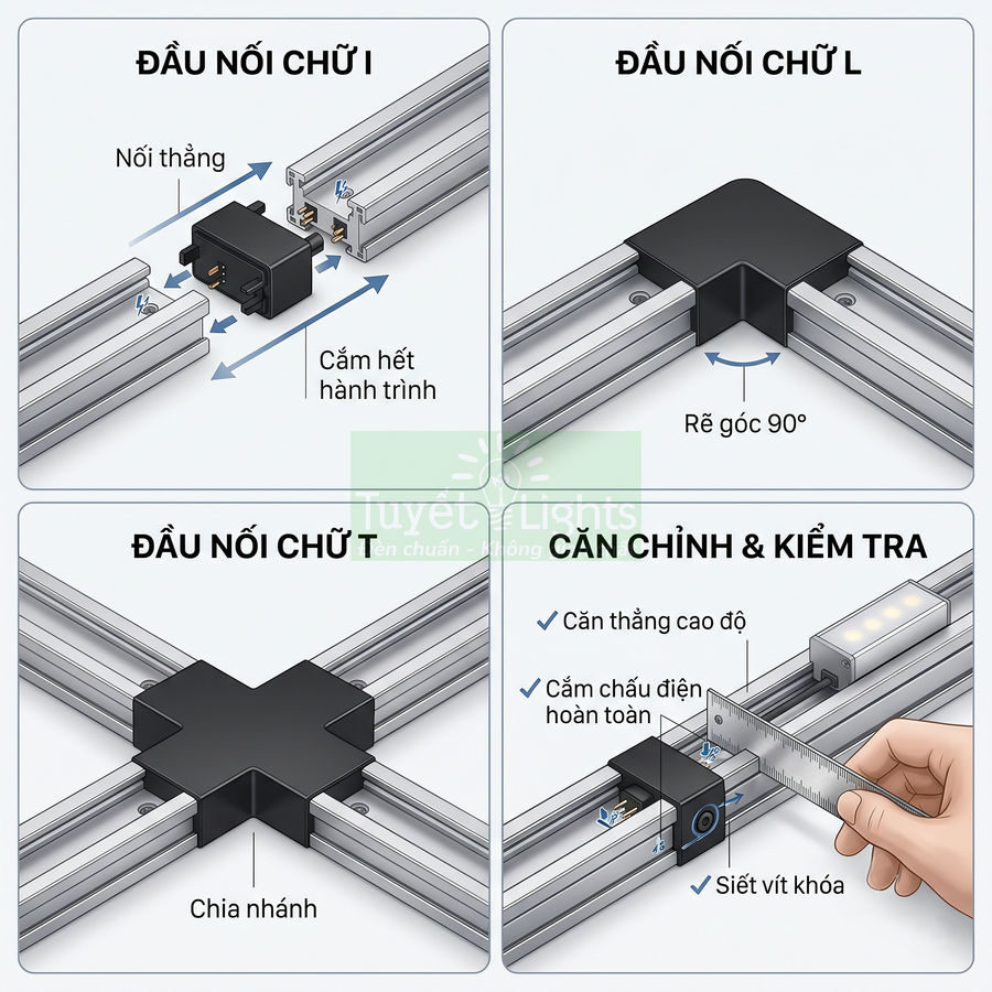 Hướng dẫn lắp đầu nối chữ I, L, T cho thanh ray đèn LED và cách căn chỉnh, siết vít khóa an toàn