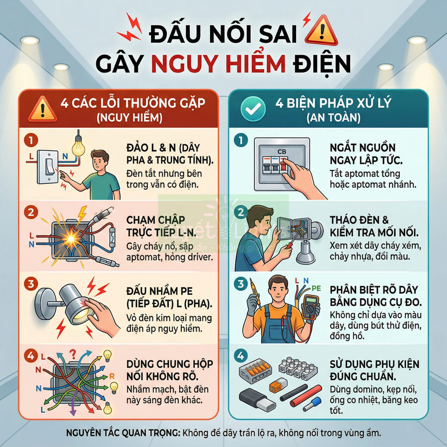 Infographic hướng dẫn các lỗi đấu nối điện nguy hiểm và biện pháp xử lý an toàn trong gia đình