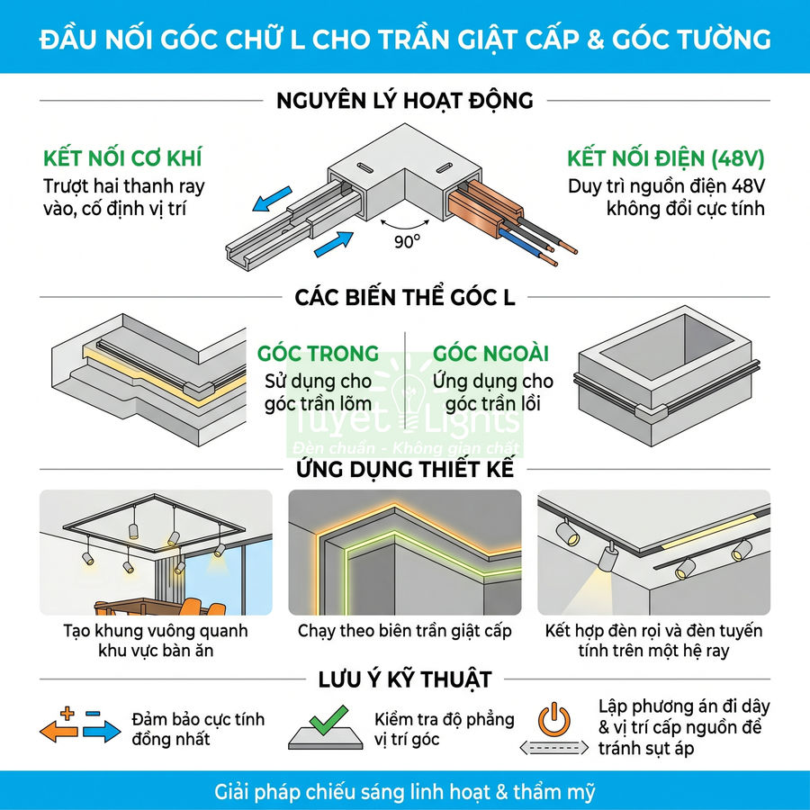 Đầu nối góc chữ L cho trần giật cấp, minh họa cấu tạo, biến thể góc trong ngoài và ứng dụng lắp đèn ray LED
