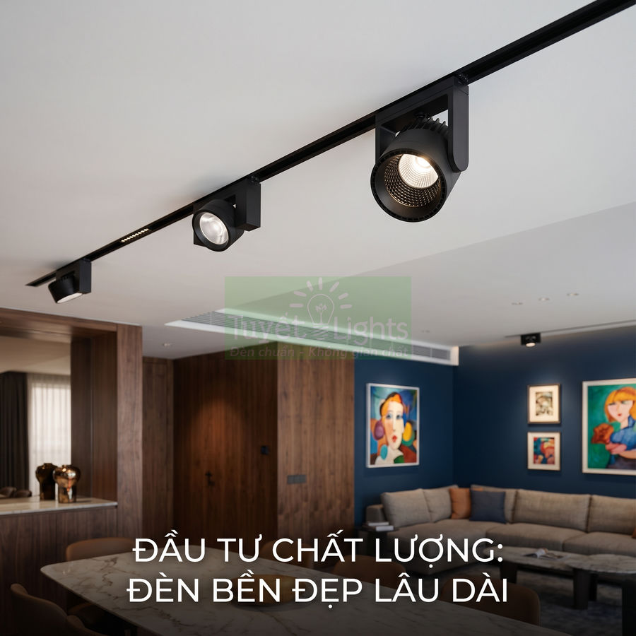 Đèn rọi ray LED màu đen chiếu sáng phòng khách hiện đại với sofa và tranh treo tường