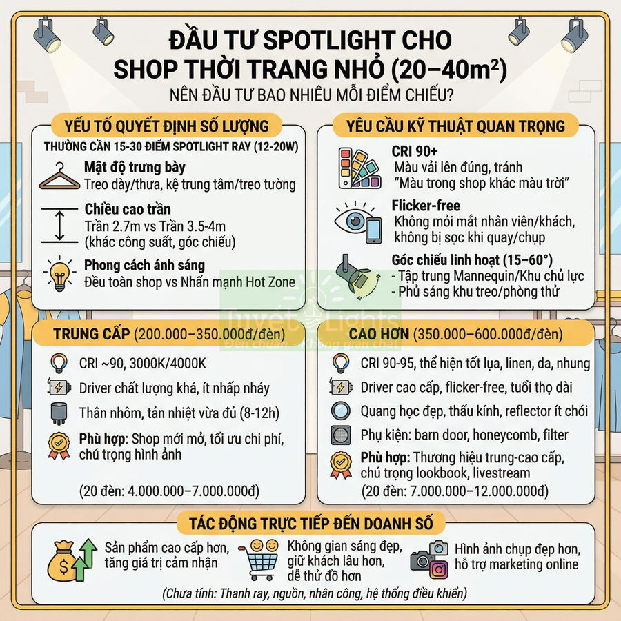 Infographic hướng dẫn chọn đèn spotlight ray cho shop thời trang nhỏ 20–40m2 với các mức chi phí và tiêu chí kỹ thuật