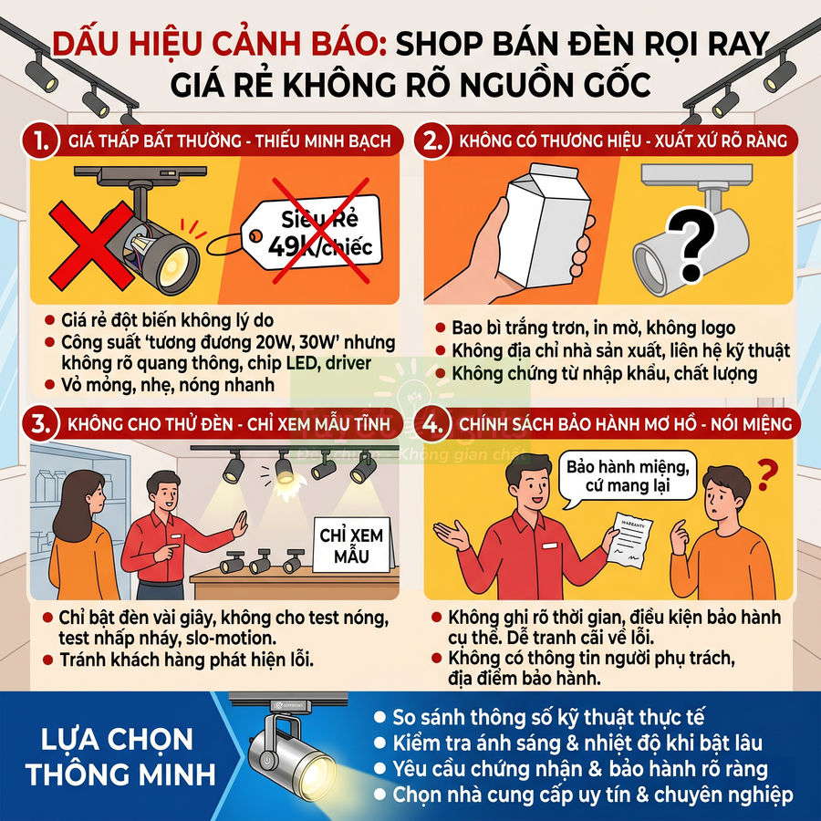Infographic cảnh báo dấu hiệu shop bán đèn rọi ray giá rẻ không rõ nguồn gốc và gợi ý lựa chọn thông minh