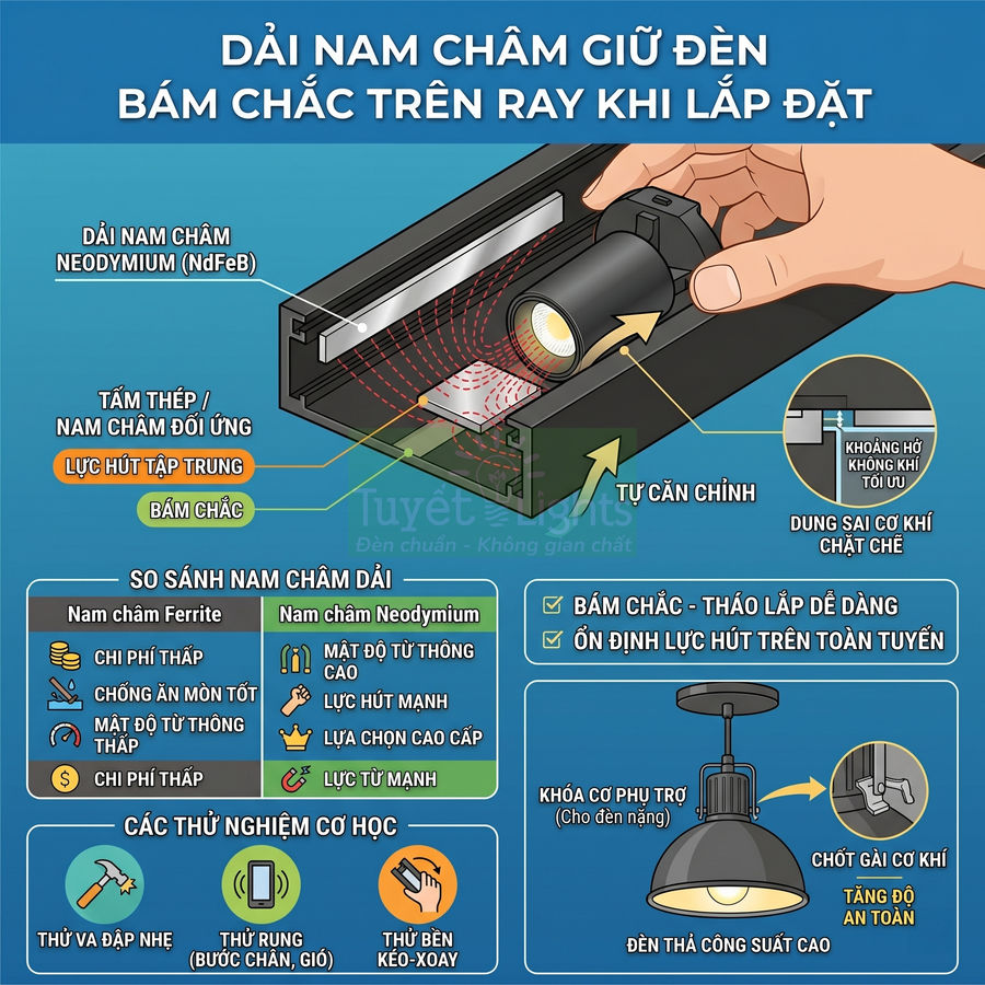 Dải nam châm neodymium giữ đèn ray nam châm bám chắc, dễ lắp đặt và điều chỉnh trên thanh ray trần nhà