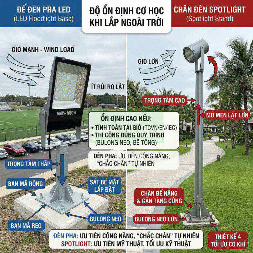 So sánh chân đế đèn pha LED và chân đèn spotlight ngoài trời về độ ổn định cơ học khi gặp gió mạnh