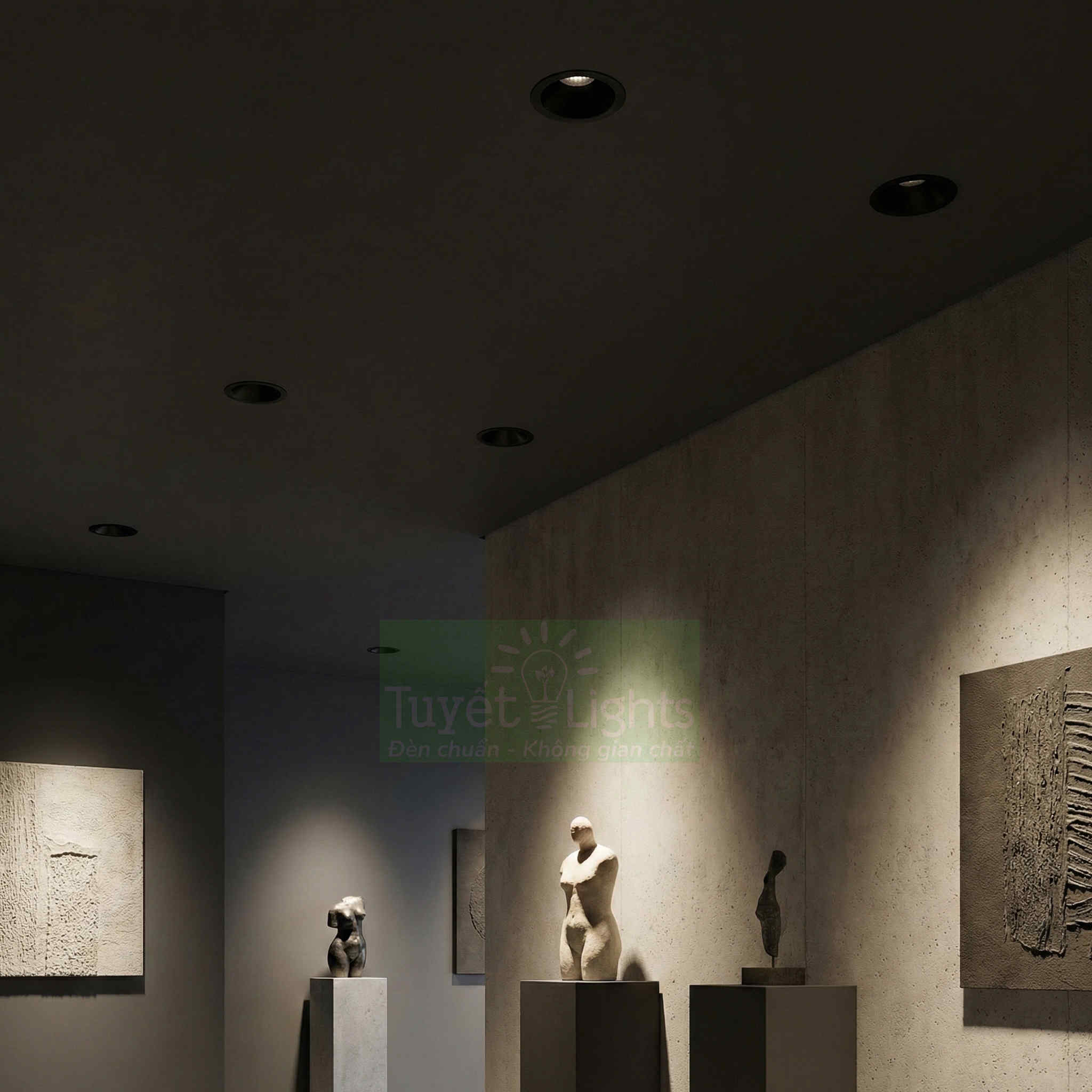 Đèn downlight âm trần chiếu sáng tượng điêu khắc trong không gian trưng bày nghệ thuật