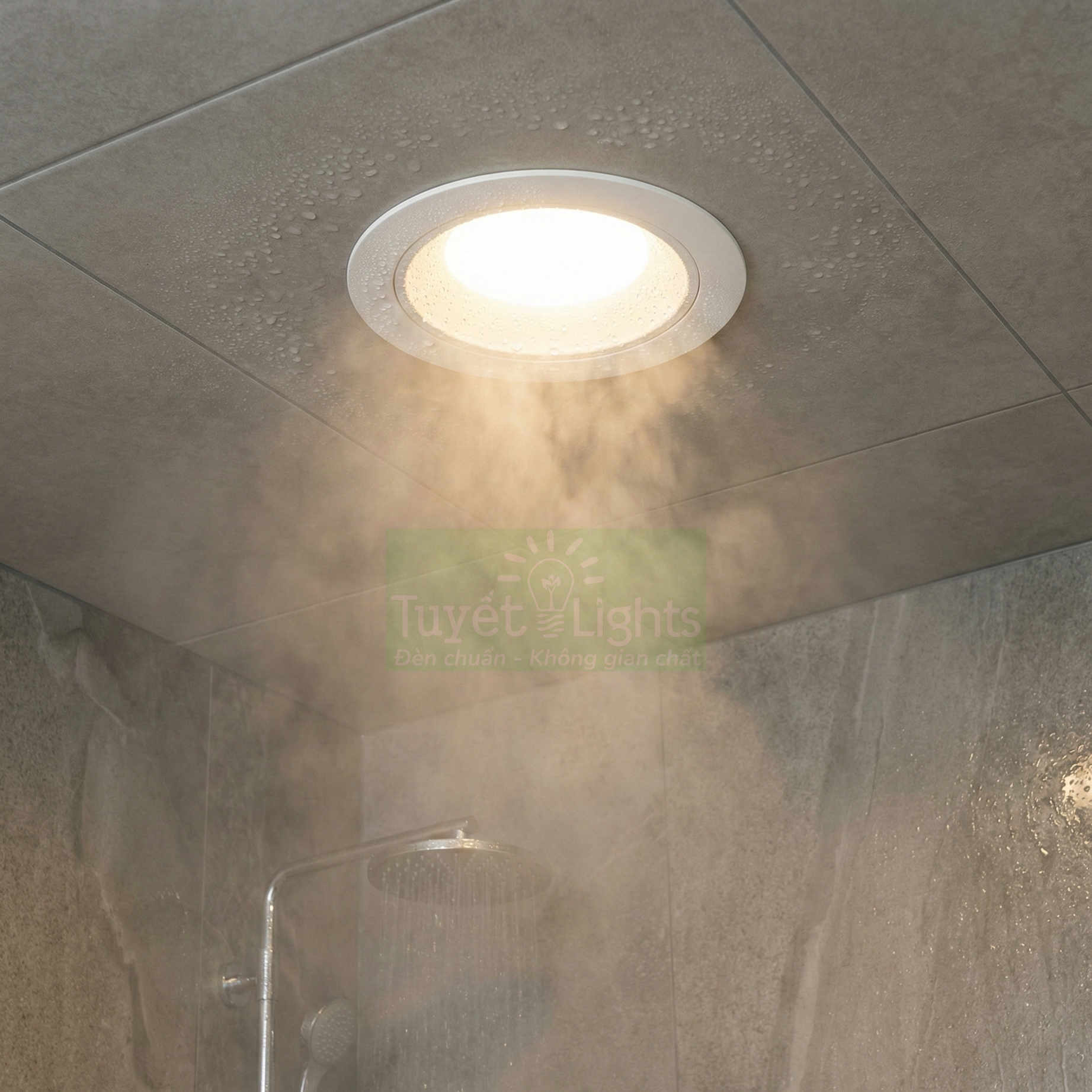 Đèn âm trần chống ẩm Tuyết Lights lắp trong phòng tắm có vòi sen hơi nước