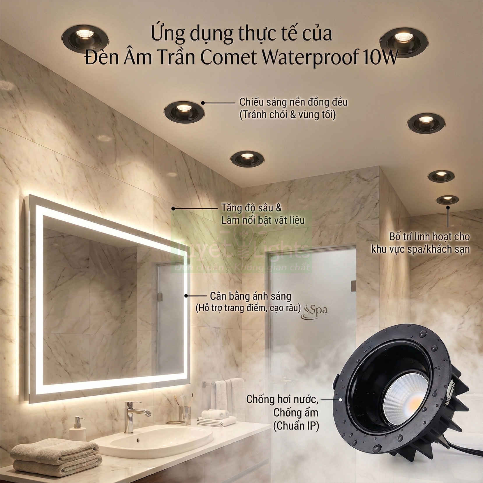 Đèn âm trần Comet Waterproof 10W chiếu sáng phòng tắm đá cẩm thạch sang trọng, chống nước chống ẩm