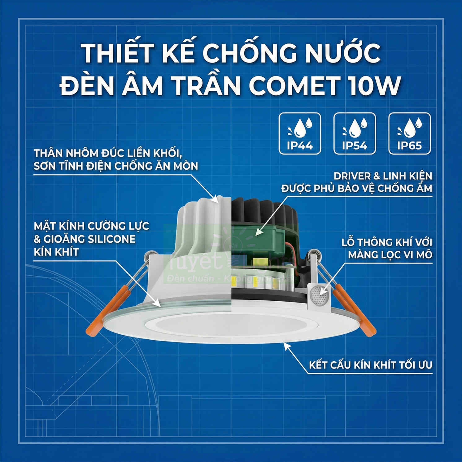 Đèn âm trần Comet 10W chống nước IP44 IP54 IP65 thân nhôm đúc mặt kính cường lực gioăng silicone kín khít
