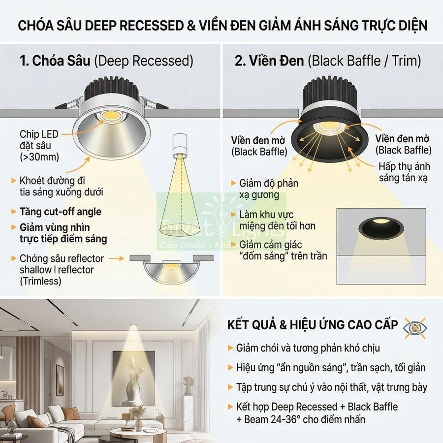 Đèn downlight âm trần chóa sâu và viền đen giảm chói, tạo ánh sáng dịu cho không gian phòng khách hiện đại